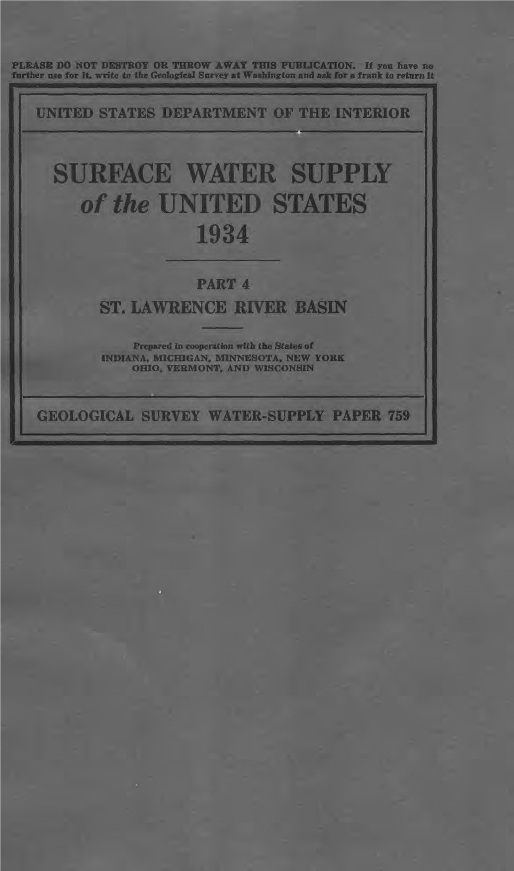 SURFACE WATER SUPPLY of the UNITED STATES 1934