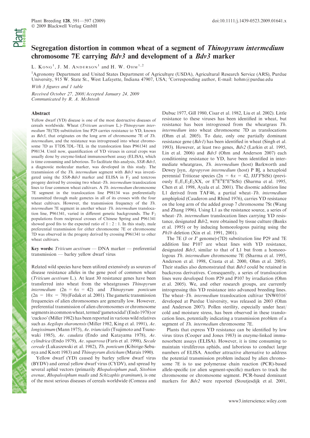 Segregation Distortion in Common Wheat of a Segment of Thinopyrum Intermedium Chromosome 7E Carrying Bdv3 and Development of a Bdv3 Marker