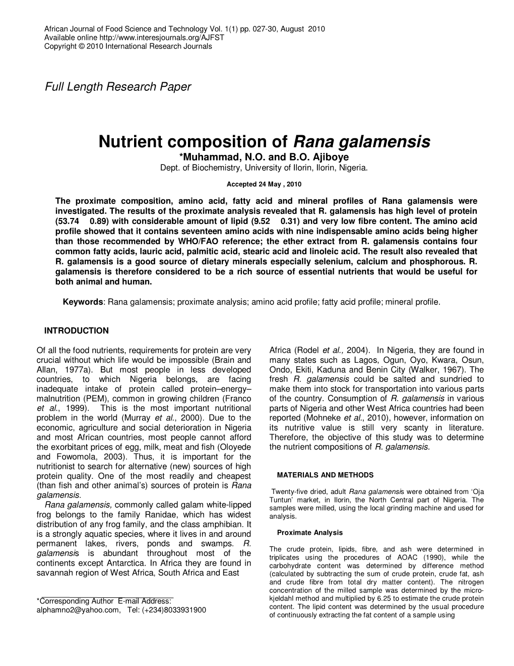 Nutrient Composition of Rana Galamensis *Muhammad, N.O
