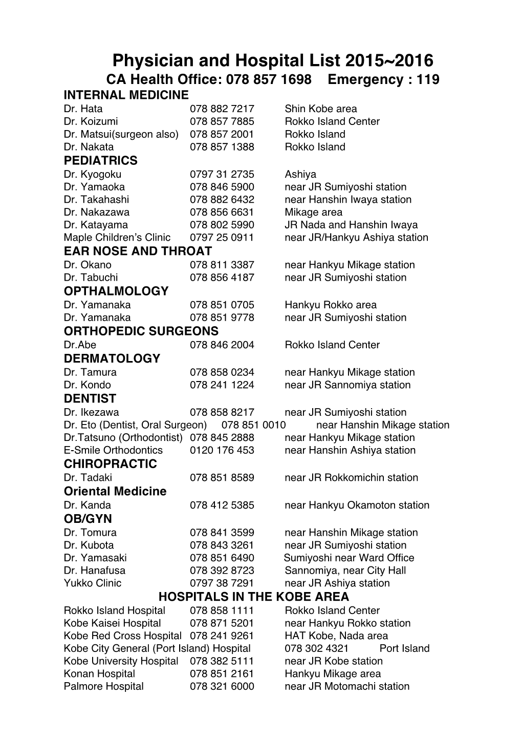 Physician and Hospital List 2015~2016 CA Health Office: 078 857 1698 Emergency : 119 INTERNAL MEDICINE Dr