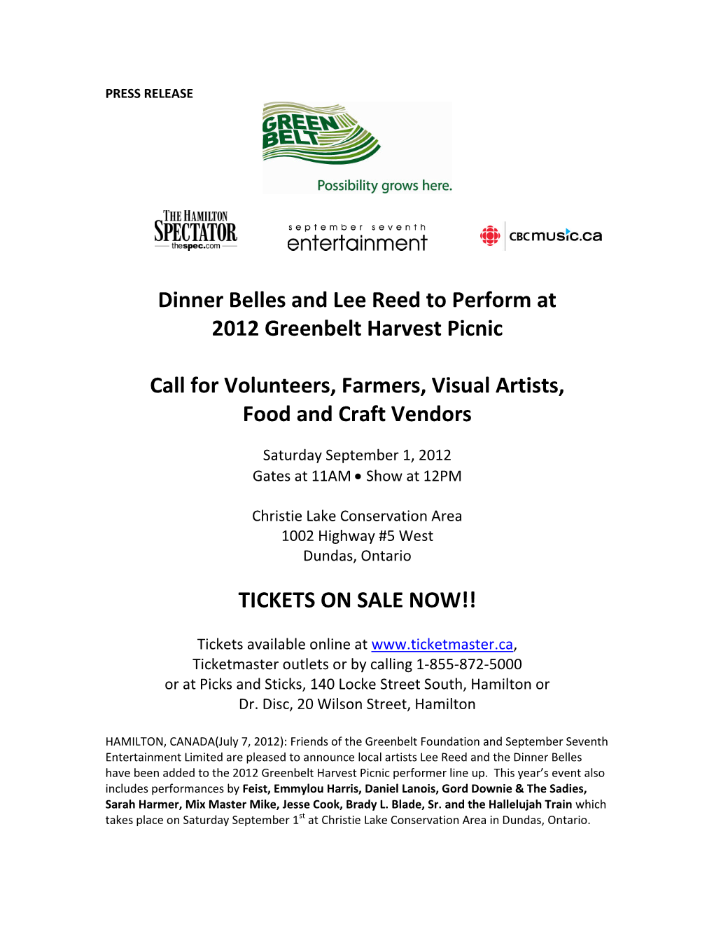 Dinner Belles and Lee Reed to Perform at 2012 Greenbelt Harvest Picnic