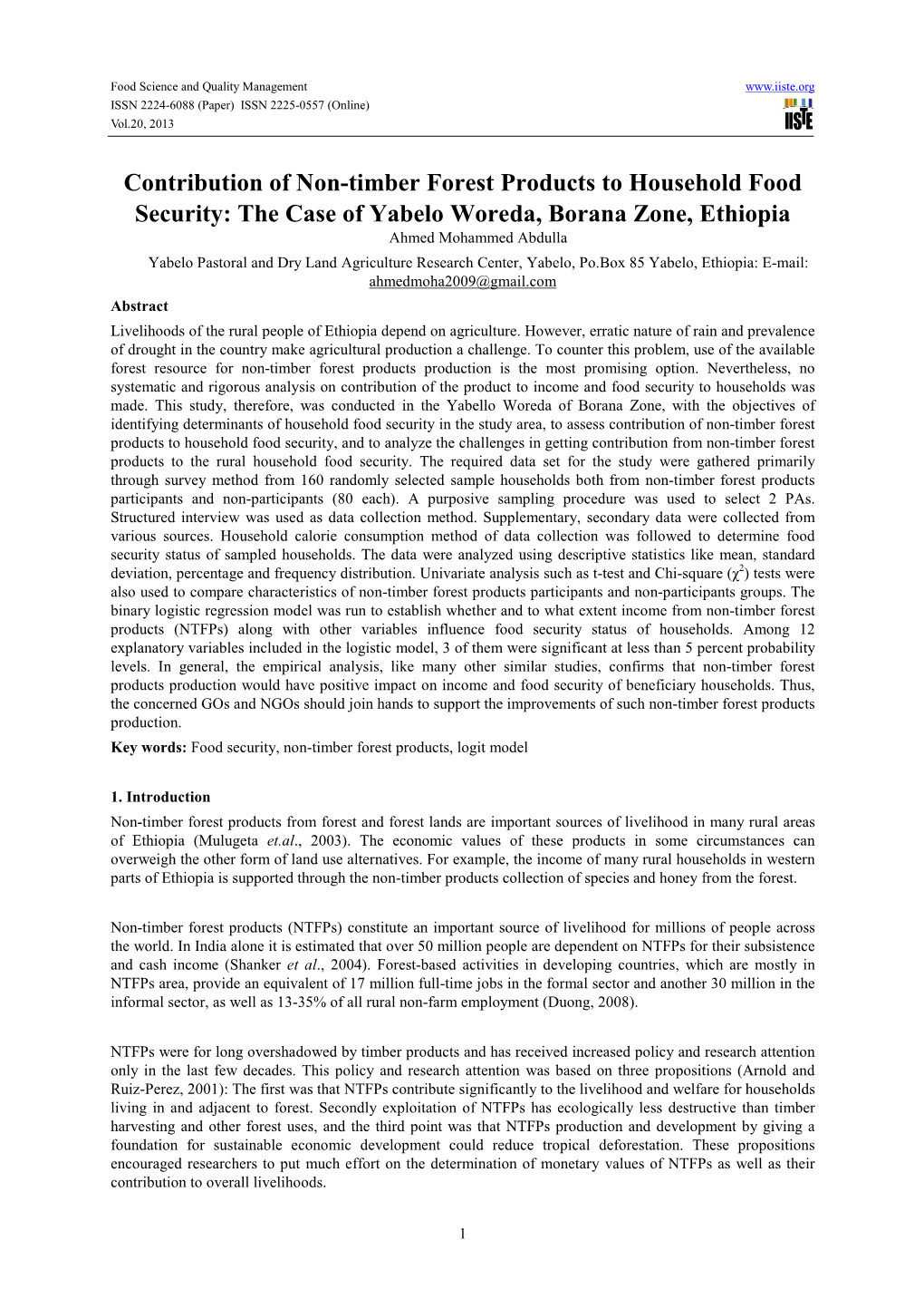 Contribution of Non-Timber Forest Products to Household Food Security