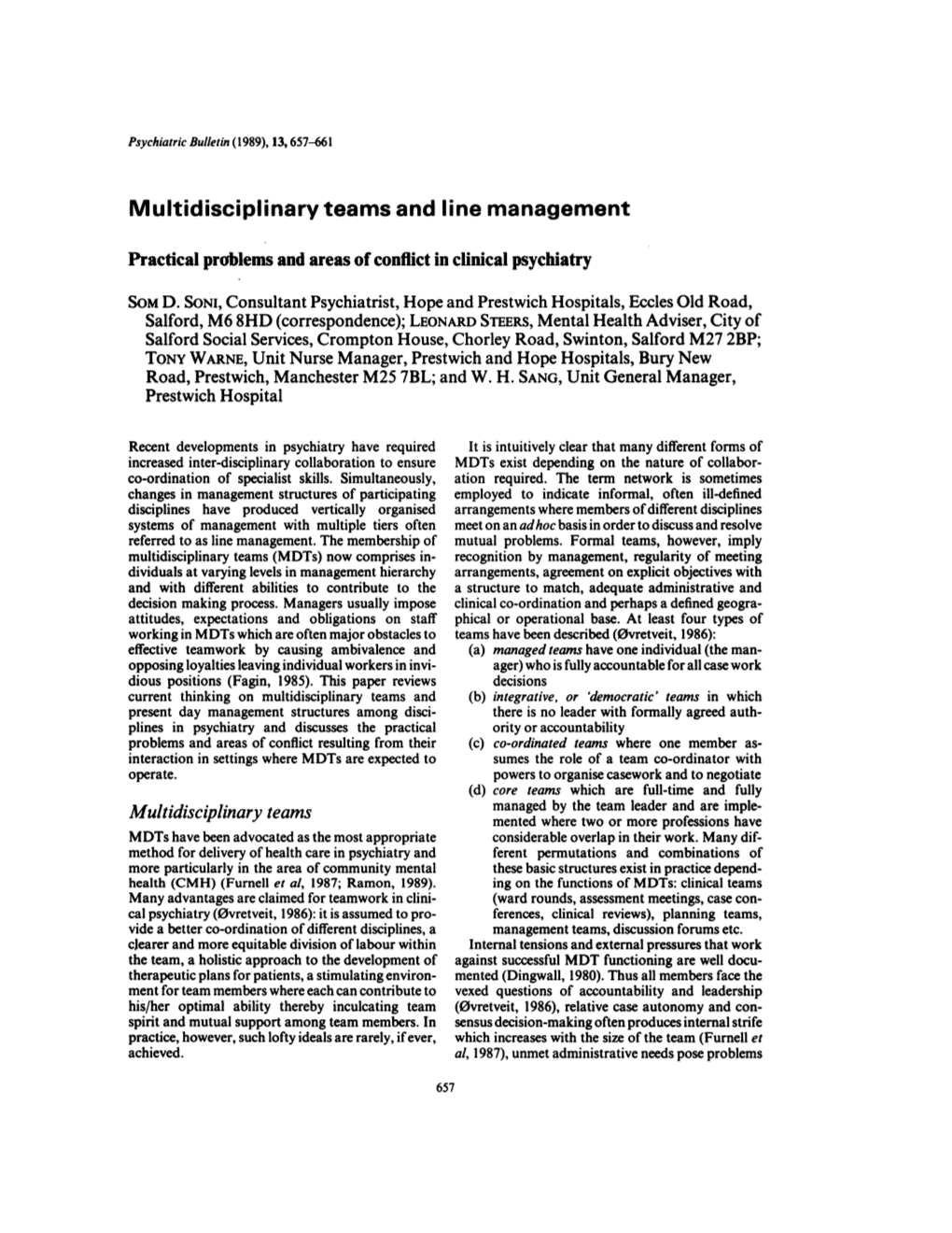 Multidisciplinary Teams and Line Management