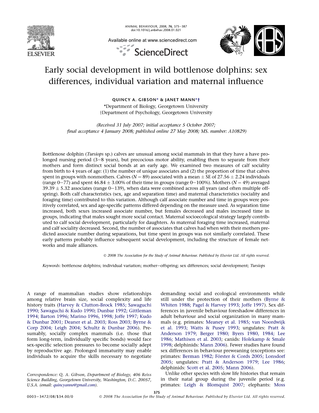Early Social Development in Wild Bottlenose Dolphins: Sex Differences, Individual Variation and Maternal Inﬂuence