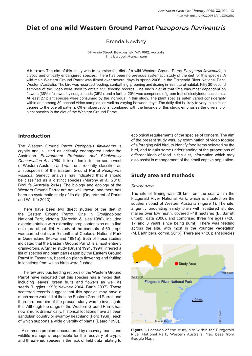 Diet of One Wild Western Ground Parrot Pezoporus Flaviventris