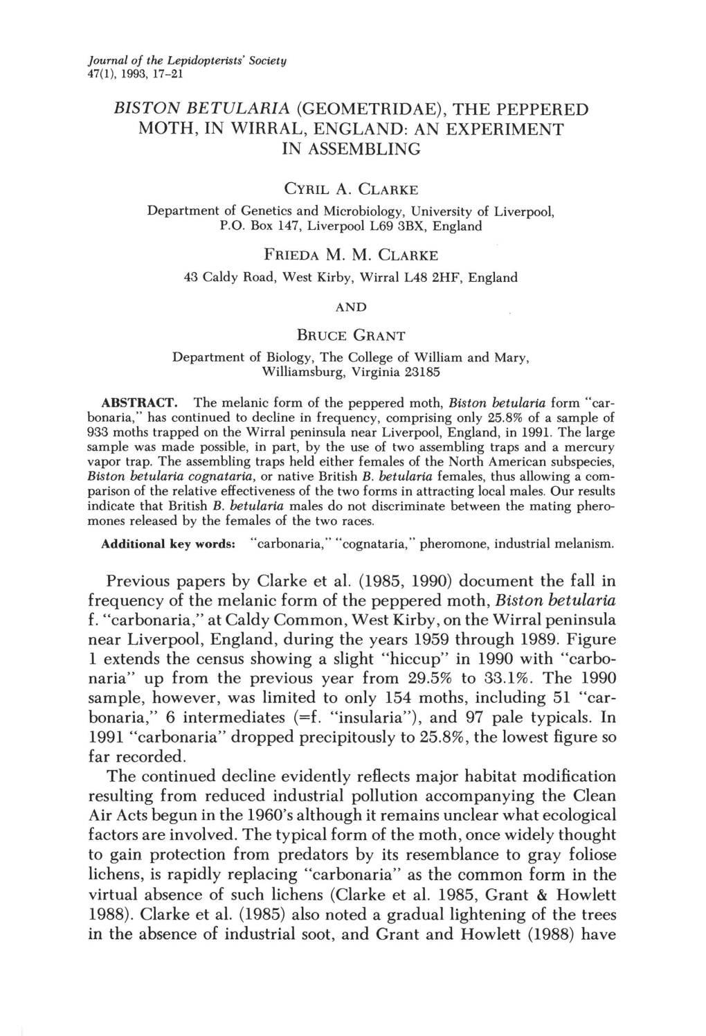 BISTON BETULARIA (GEOMETRIDAE), the PEPPERED MOTH, in WIRRAL, ENGLAND: an EXPERIMENT in ASSEMBLING Previous Papers by Clarke Et