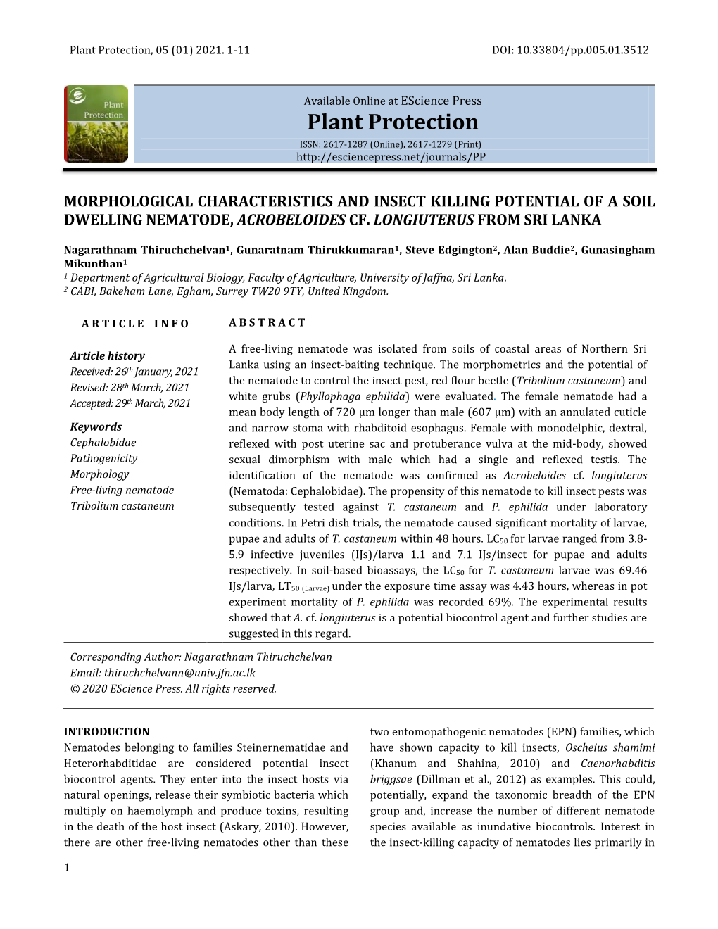 Plant Protection, 05 (01) 2021