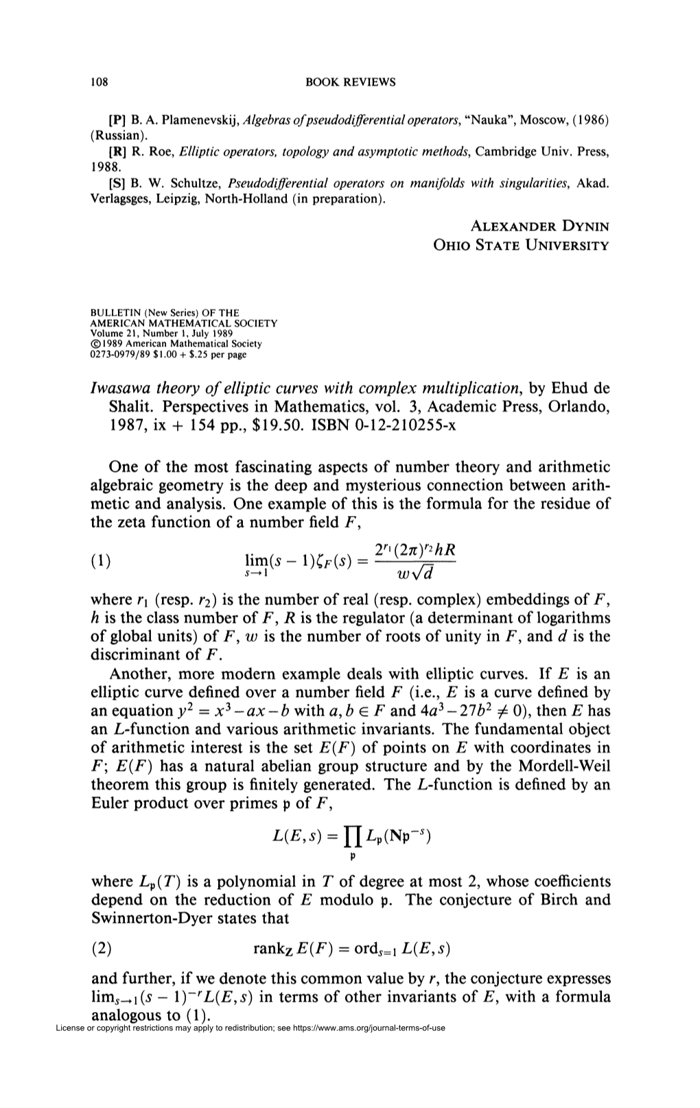 Iwasawa Theory of Elliptic Curves with Complex Multiplication, by Ehud De Shalit. Perspectives in Mathematics, Vol. 3, Academic