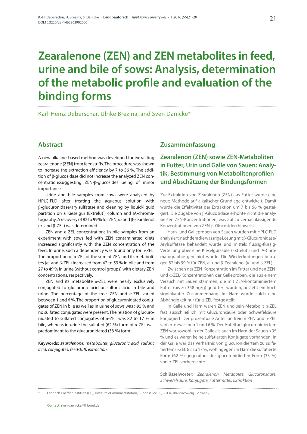 And ZEN Metabolites in Feed, Urine and Bile of Sows: Analysis, Determination of the Metabolic Profile and Evaluation of the Binding Forms