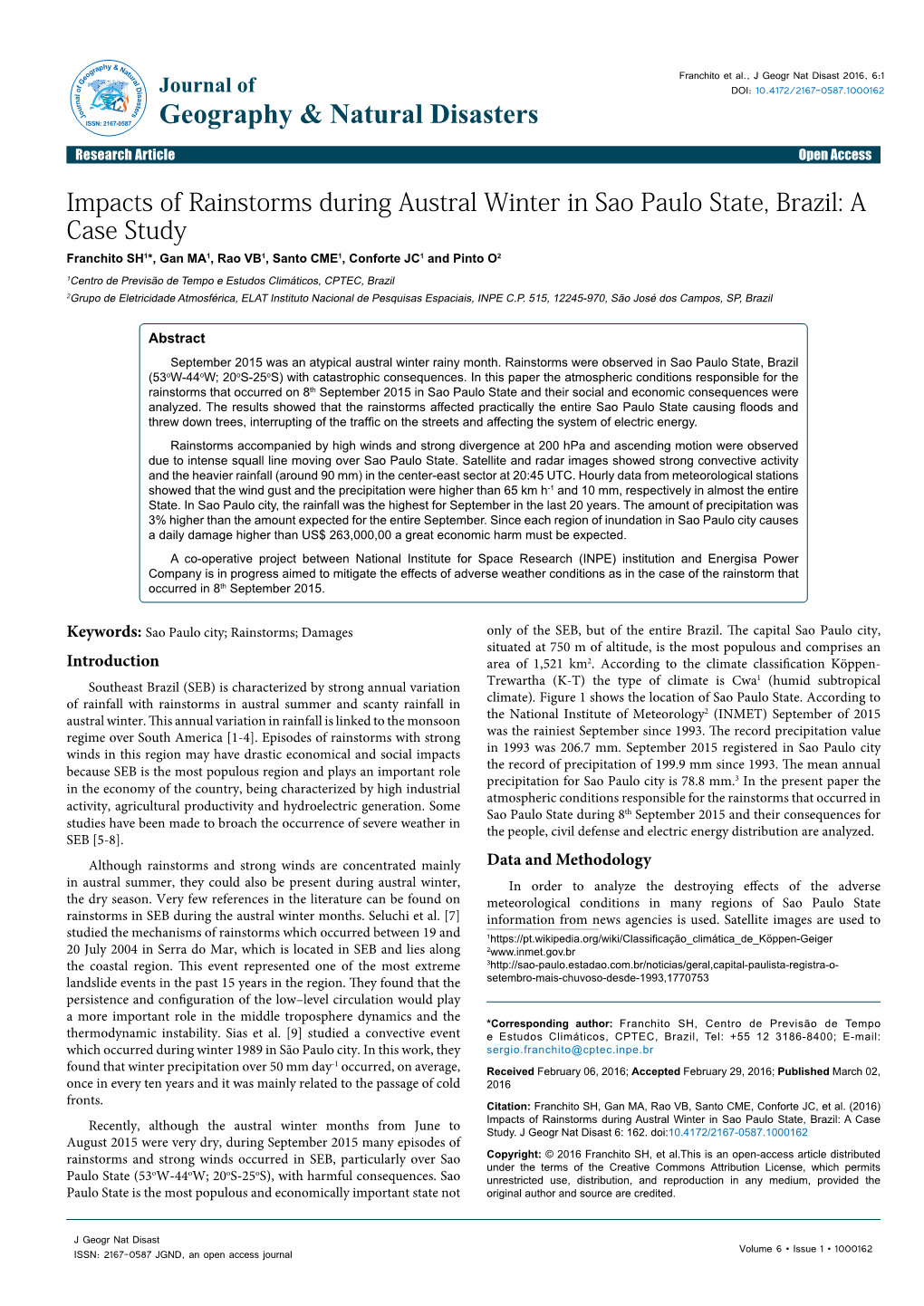 Impacts of Rainstorms During Austral Winter in Sao Paulo State, Brazil