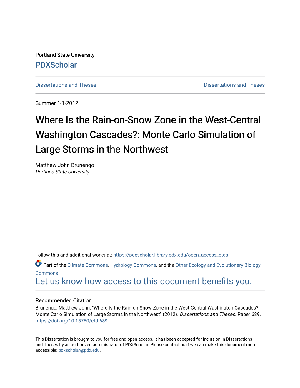 Where Is the Rain-On-Snow Zone in the West-Central Washington Cascades?: Monte Carlo Simulation of Large Storms in the Northwest