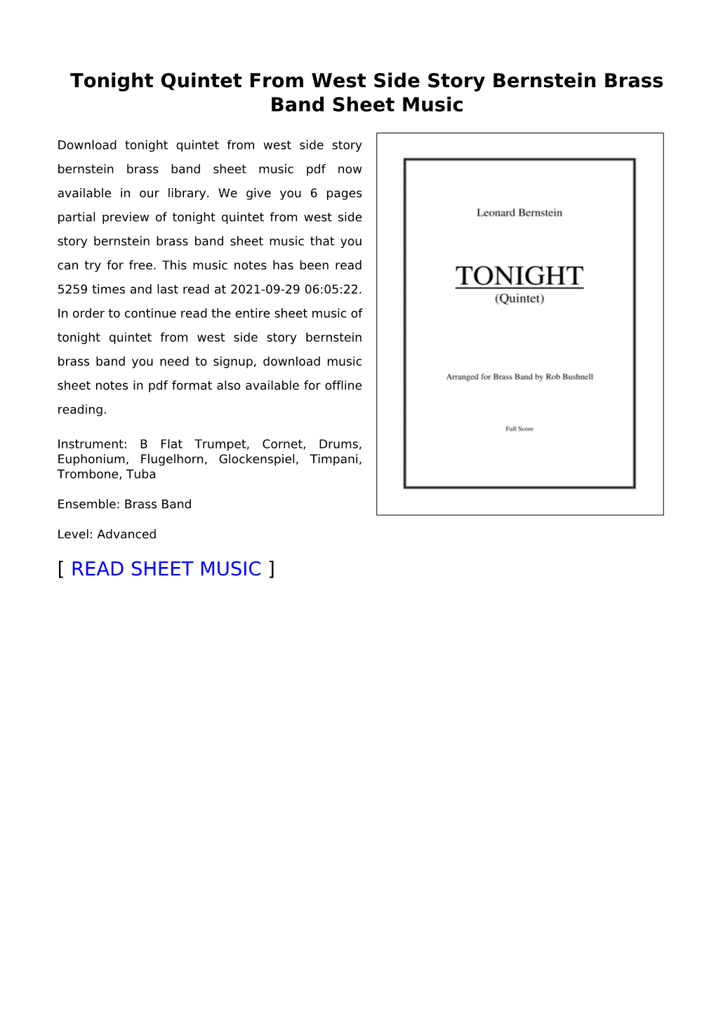 Tonight Quintet from West Side Story Bernstein Brass Band Sheet Music