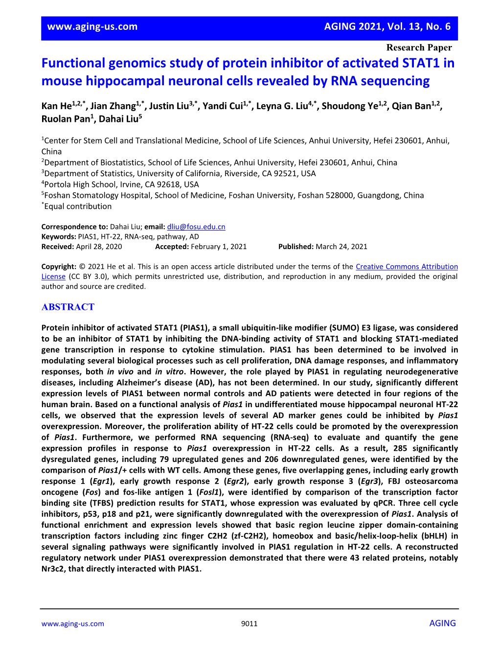 Functional Genomics Study of Protein Inhibitor of Activated STAT1 in Mouse Hippocampal Neuronal Cells Revealed by RNA Sequencing