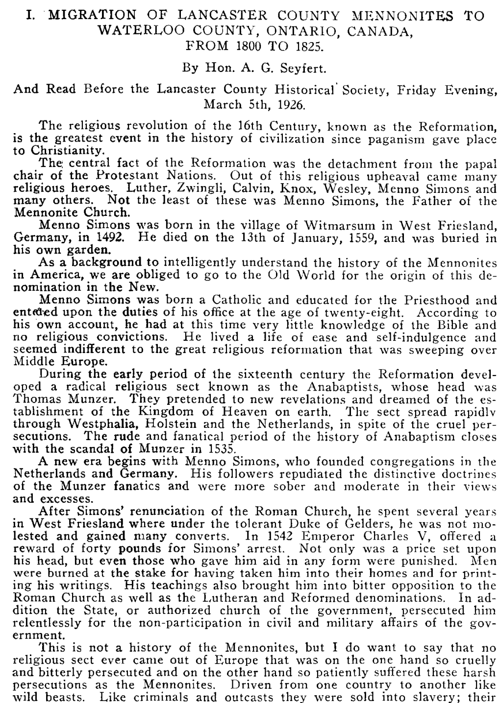 Migration of Lancaster County Mennonites to Waterloo County, Ontario, Canada, from 1800 to 1825