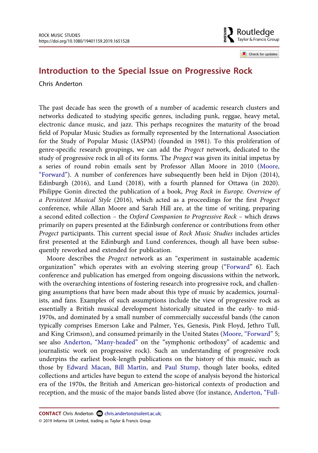 Introduction to the Special Issue on Progressive Rock Chris Anderton