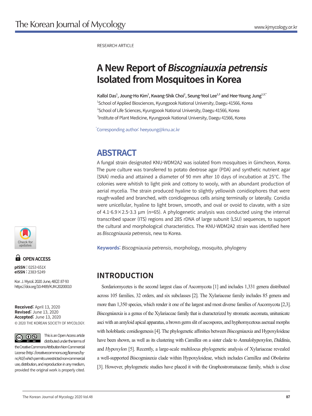 A New Report of Biscogniauxia Petrensis Isolated from Mosquitoes in Korea