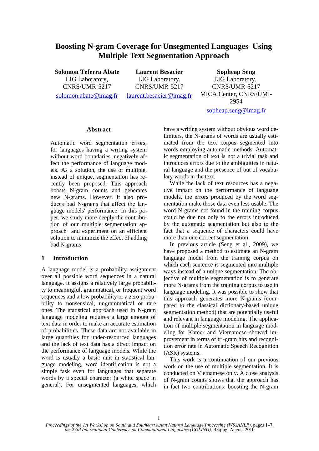 Boosting N-Gram Coverage for Unsegmented Languages Using Multiple Text Segmentation Approach