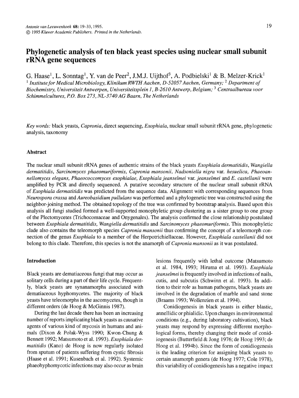 Phylogenetic Analysis of Ten Black Yeast Species Using Nuclear Small Subunit Rrna Gene Sequences