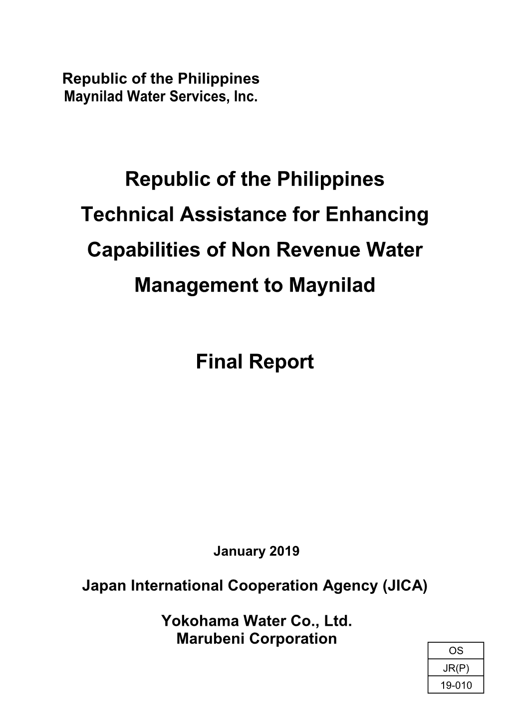 Republic of the Philippines Technical Assistance for Enhancing Capabilities of Non Revenue Water Management to Maynilad
