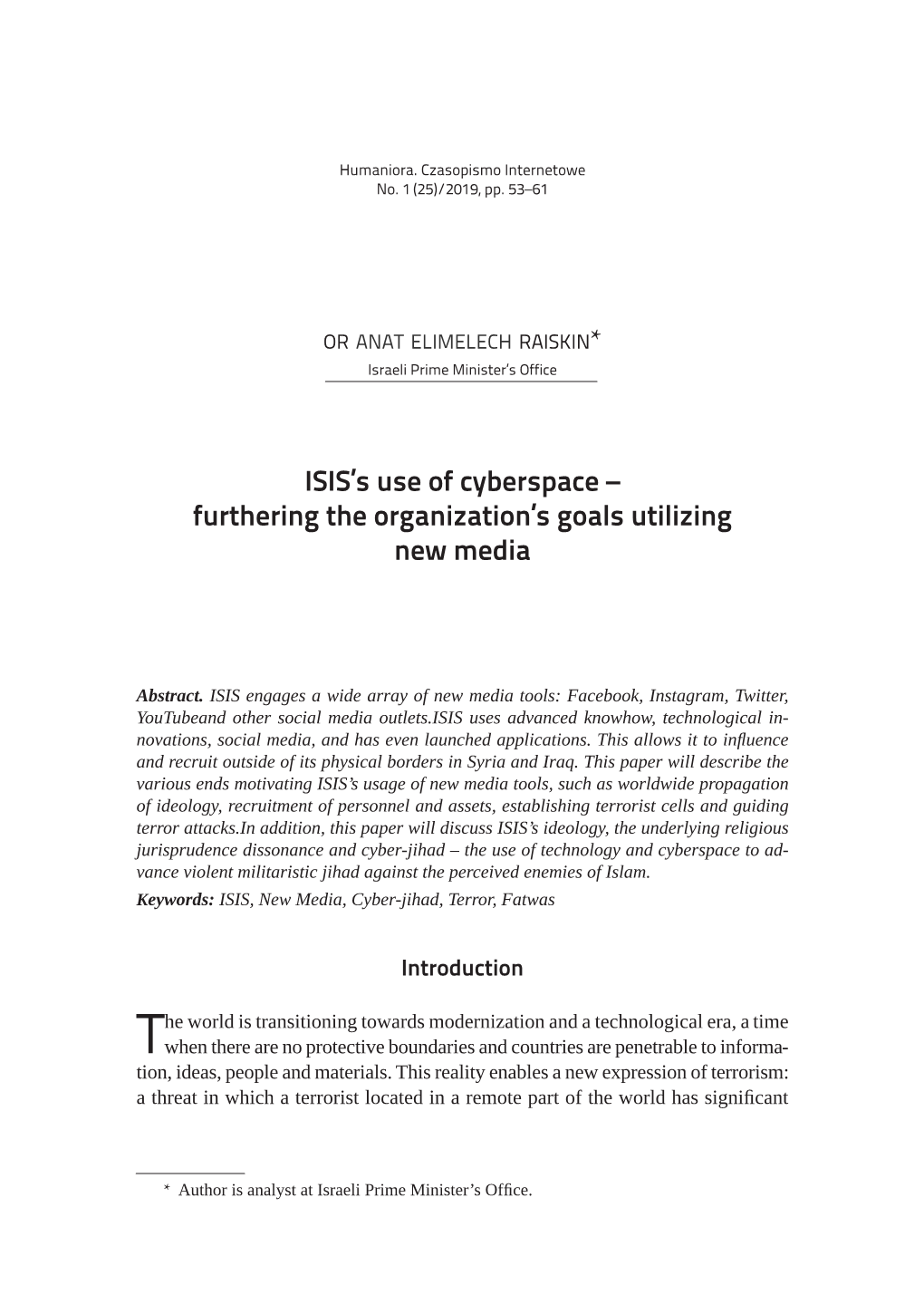 ISIS's Use of Cyberspace – Furthering the Organization's Goals Utilizing