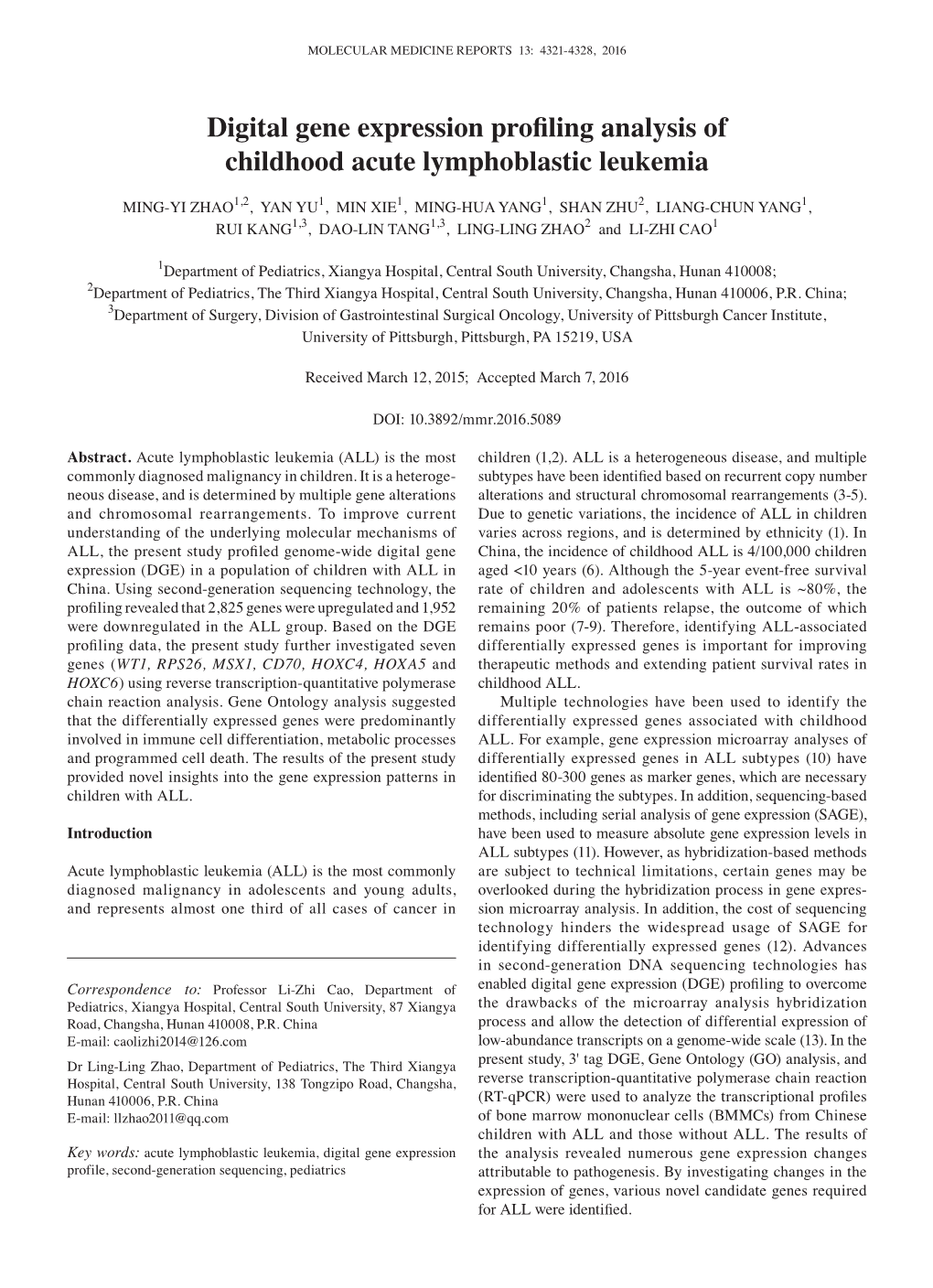 Digital Gene Expression Profiling Analysis of Childhood Acute Lymphoblastic Leukemia