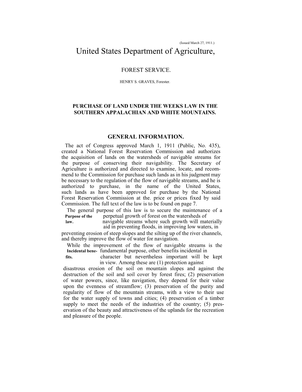 Purchase of Land Under the Weeks Law in the Southern Appalachian and White Mountains