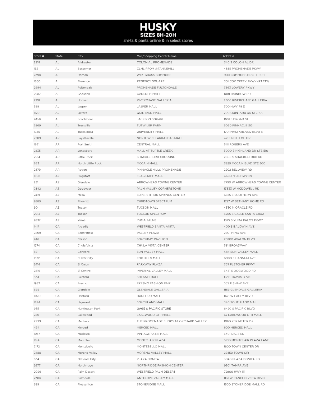 Store # State City Mall/Shopping Center Name Address