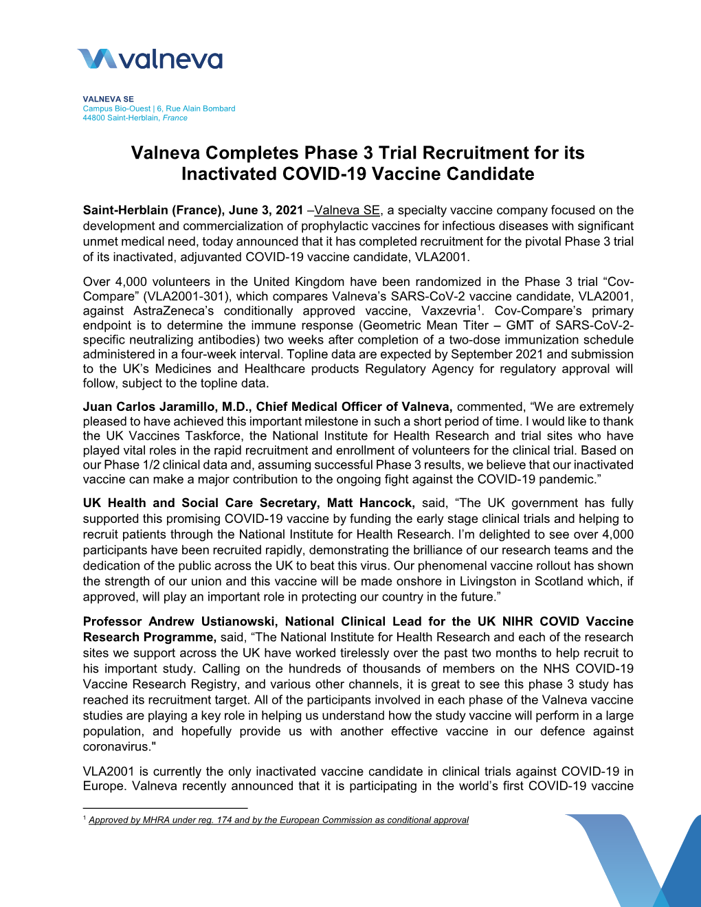 Valneva Completes Phase 3 Trial Recruitment for Its Inactivated COVID-19 Vaccine Candidate