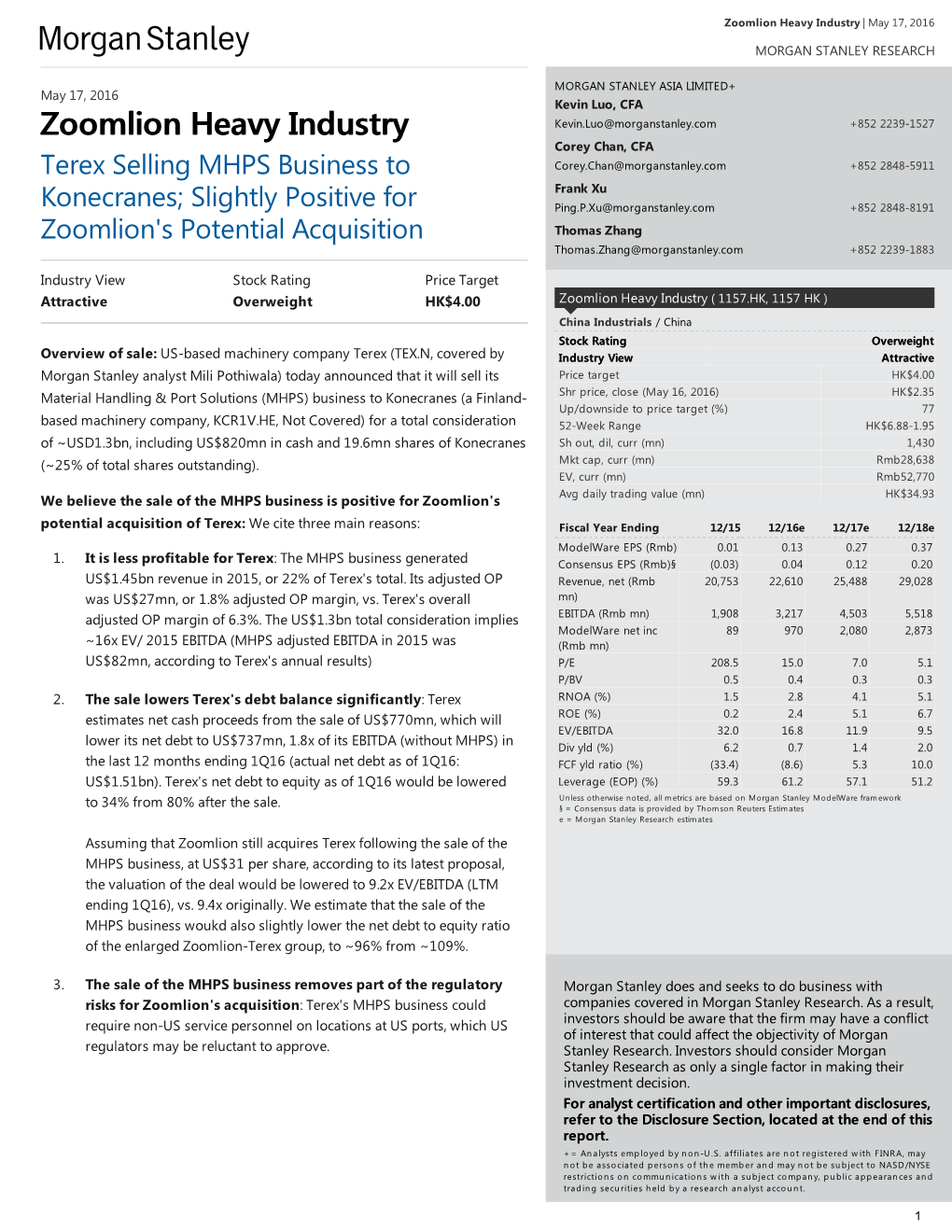 Zoomlion Heavy Industry: Terex Selling MHPS Business To