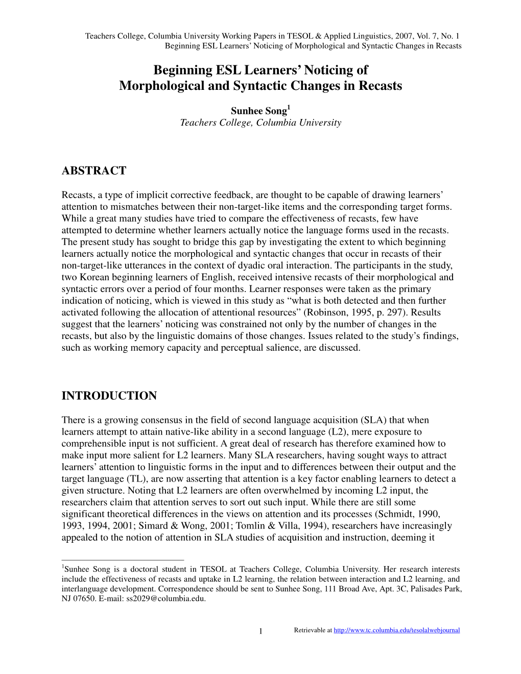 Beginning ESL Learners' Noticing of Morphological and Syntactic