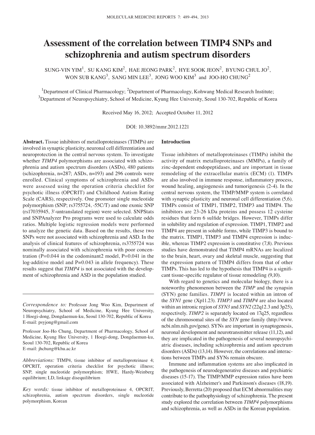 Assessment of the Correlation Between TIMP4 Snps and Schizophrenia and Autism Spectrum Disorders