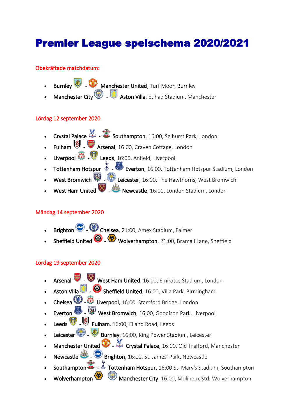 Premier League Spelschema 2020/2021