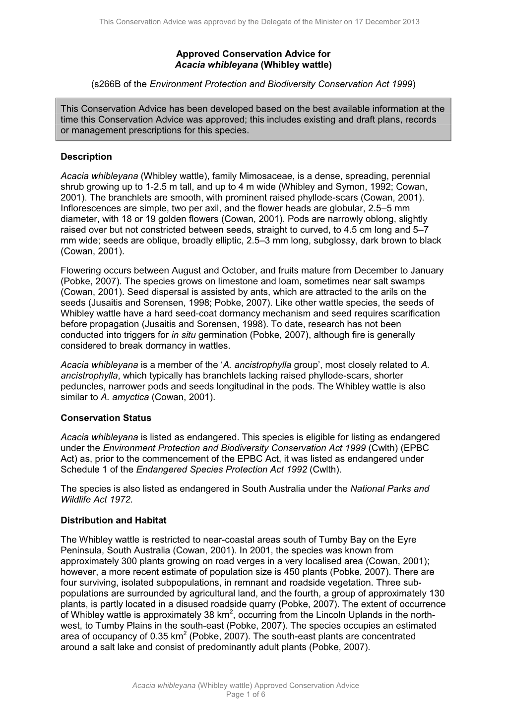 Approved Conservation Advice for Acacia Whibleyana (Whibley Wattle)