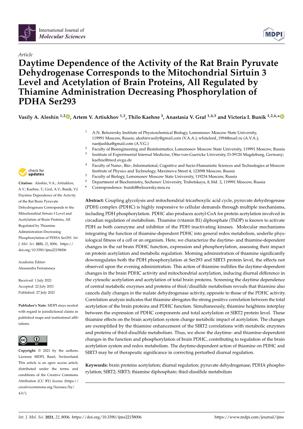 Daytime Dependence of the Activity of the Rat Brain Pyruvate