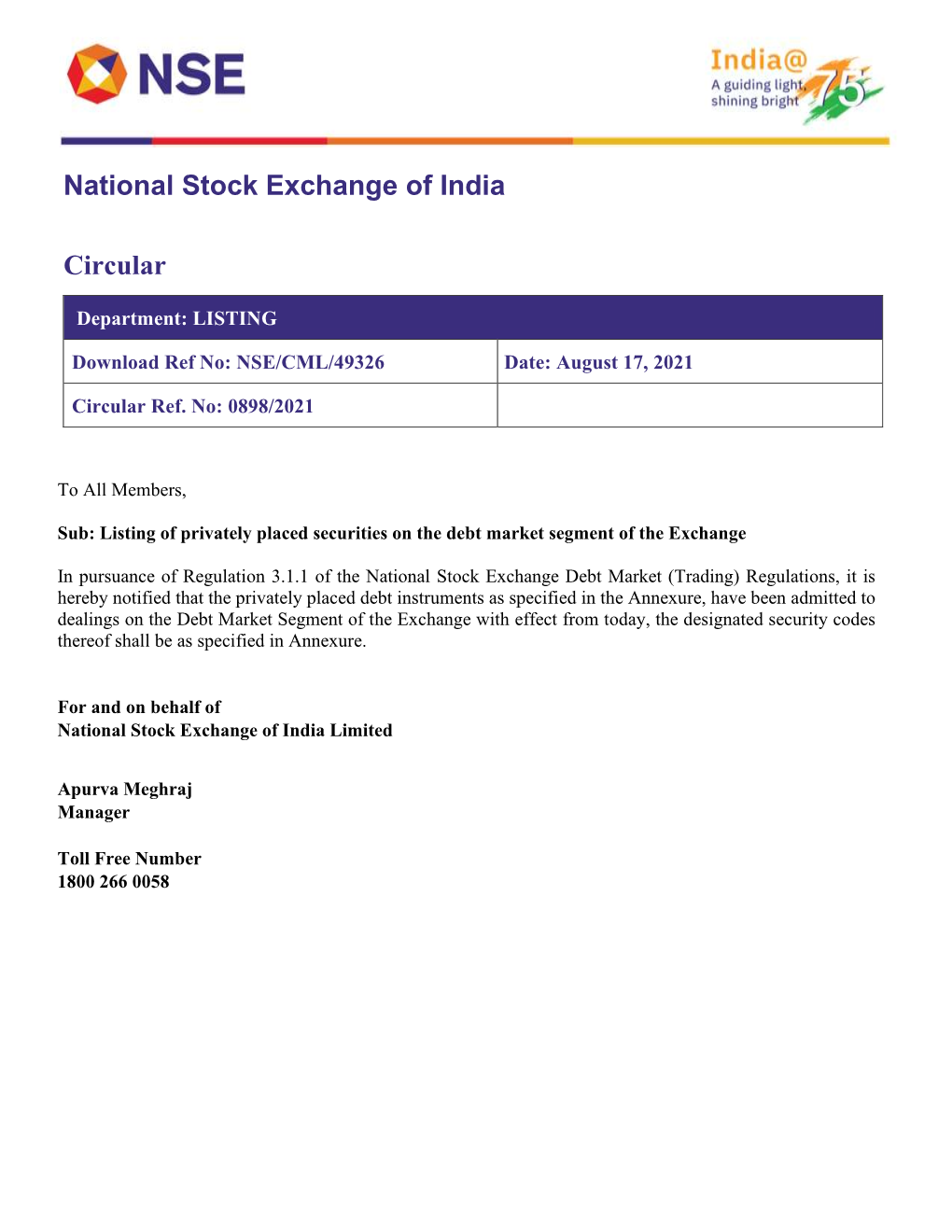 National Stock Exchange of India Circular