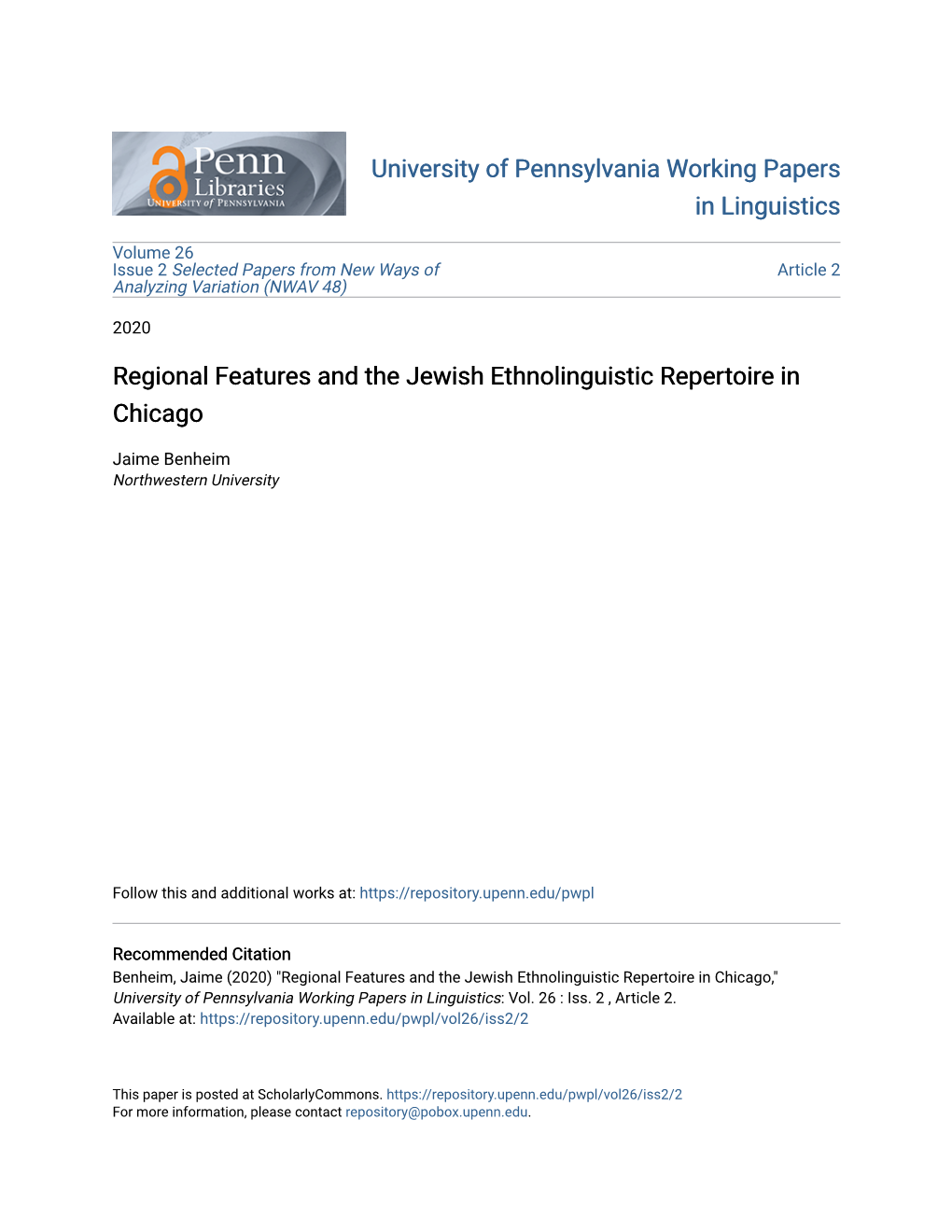 Regional Features and the Jewish Ethnolinguistic Repertoire in Chicago