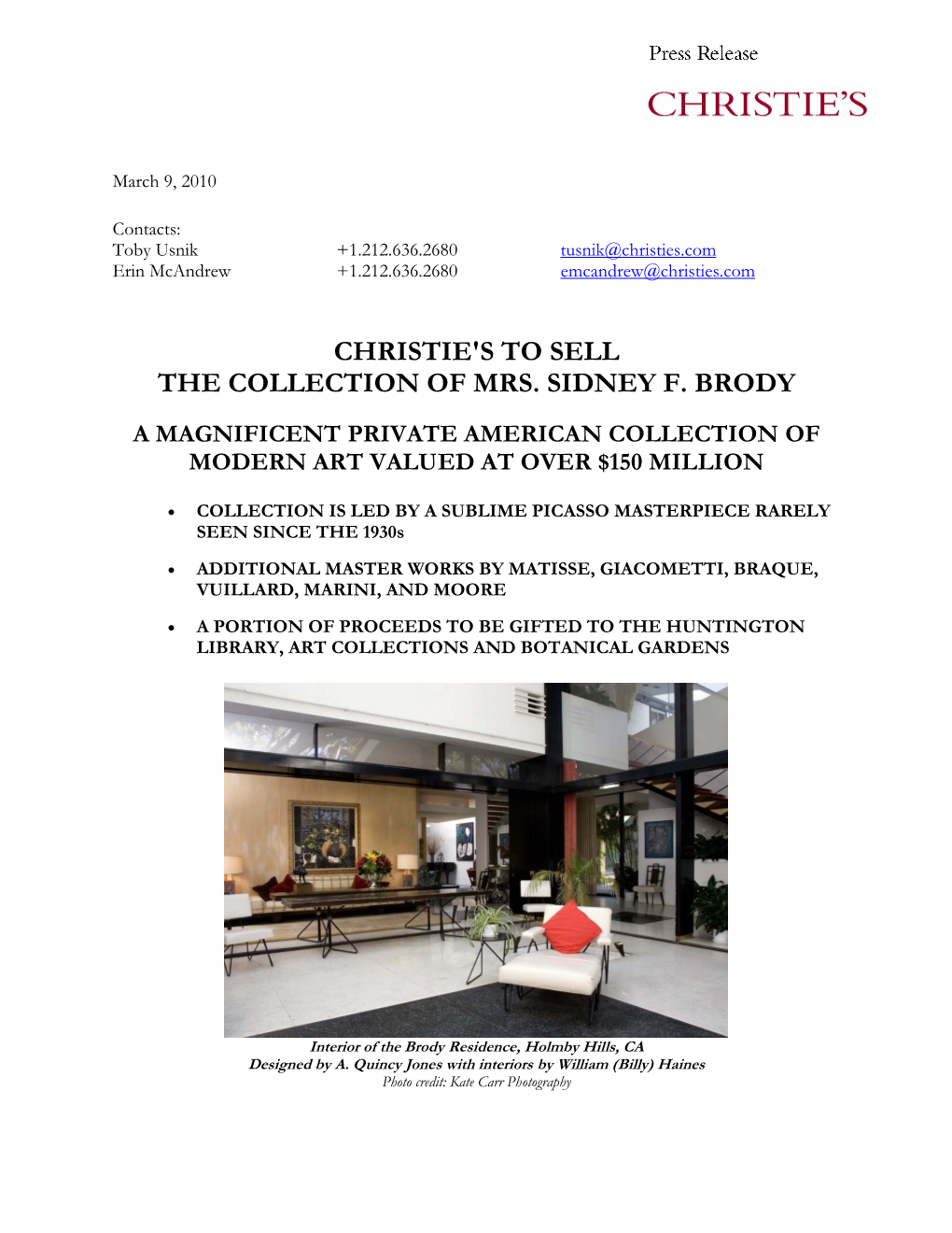 Christie's to Sell the Collection of Mrs. Sidney F