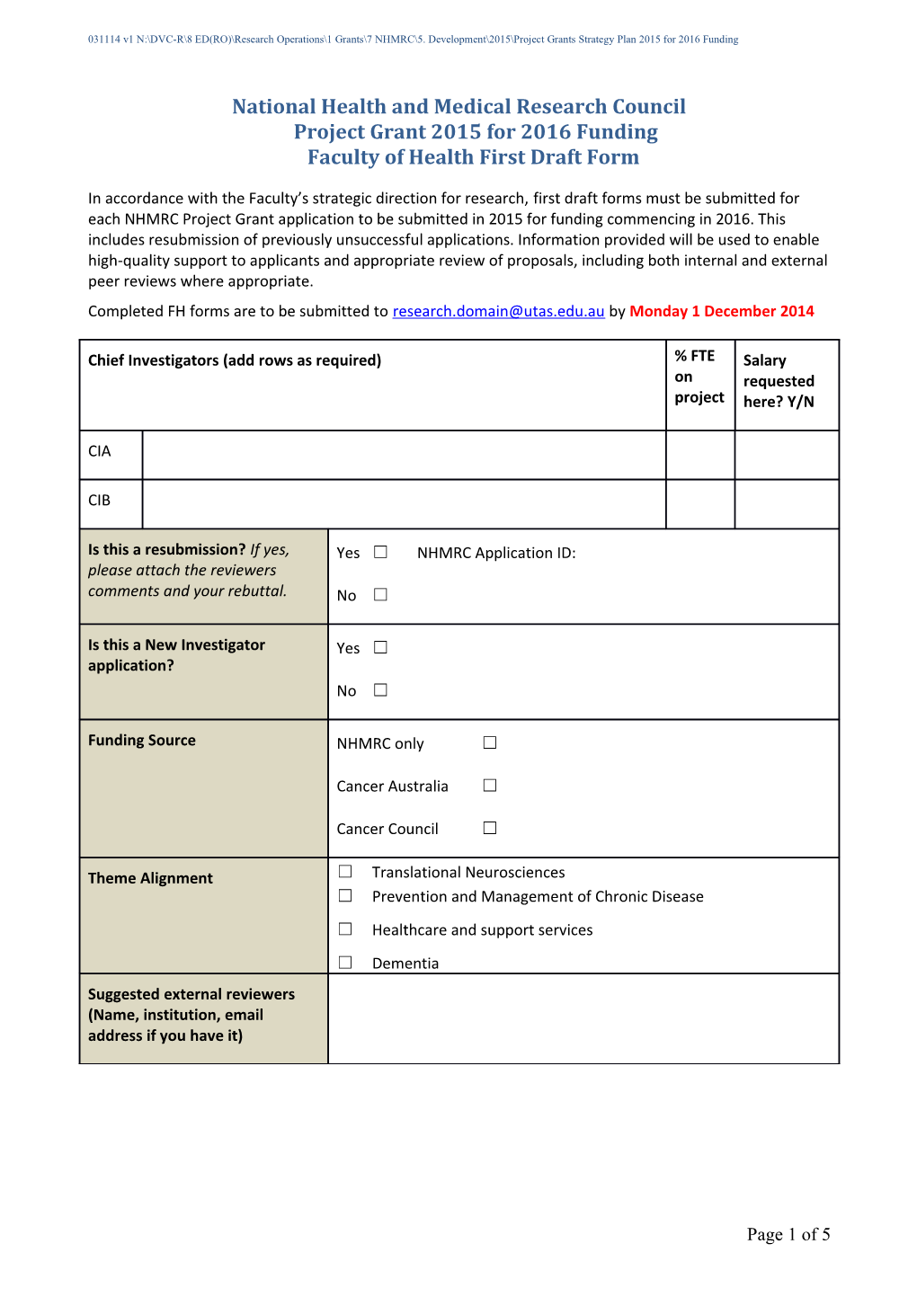 National Health and Medical Research Councilproject Grant 2015 for 2016 Fundingfaculty