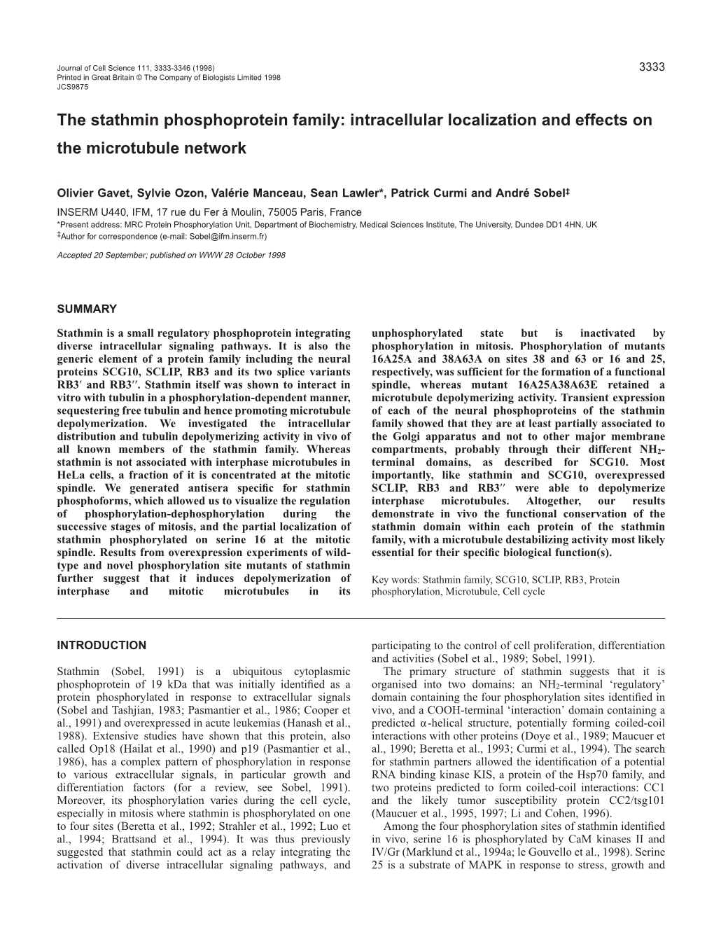 The Stathmin Phosphoprotein Family: Intracellular Localization and Effects on the Microtubule Network