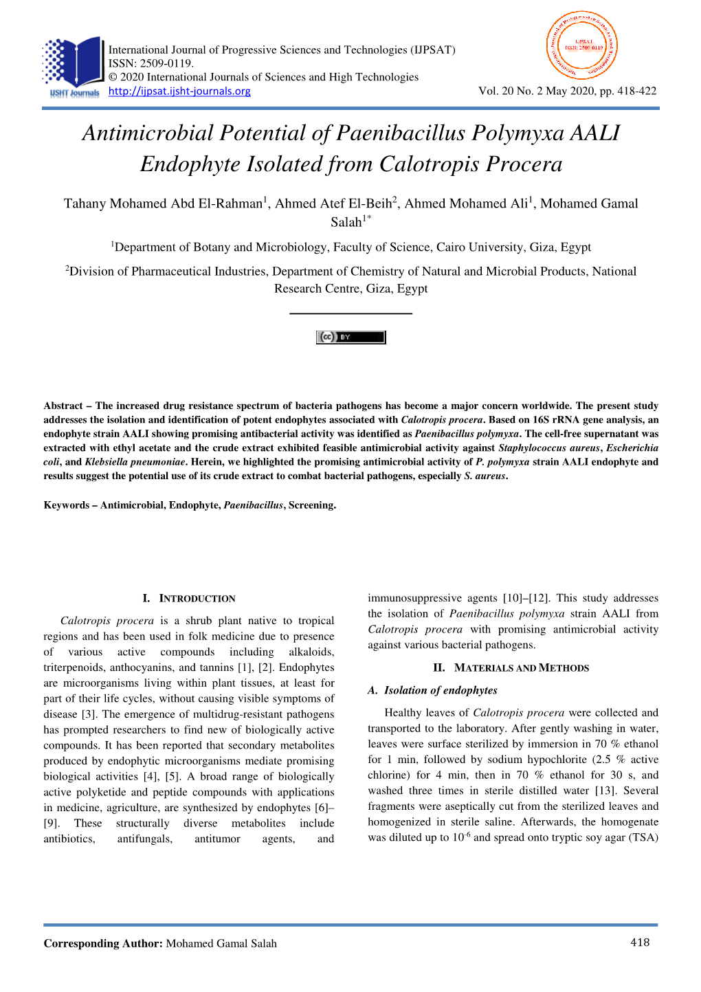 Antimicrobial Potential of Paenibacillus Polymyxa AALI Endophyte Isolated from Calotropis Procera