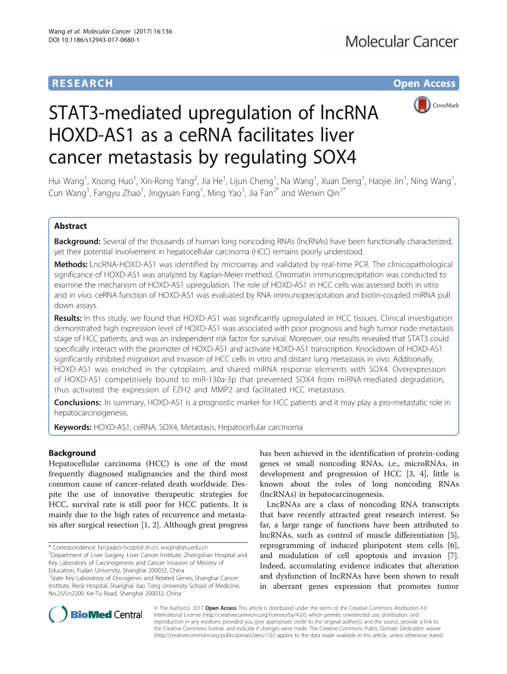 STAT3-Mediated Upregulation of Lncrna HOXD-AS1 As a Cerna