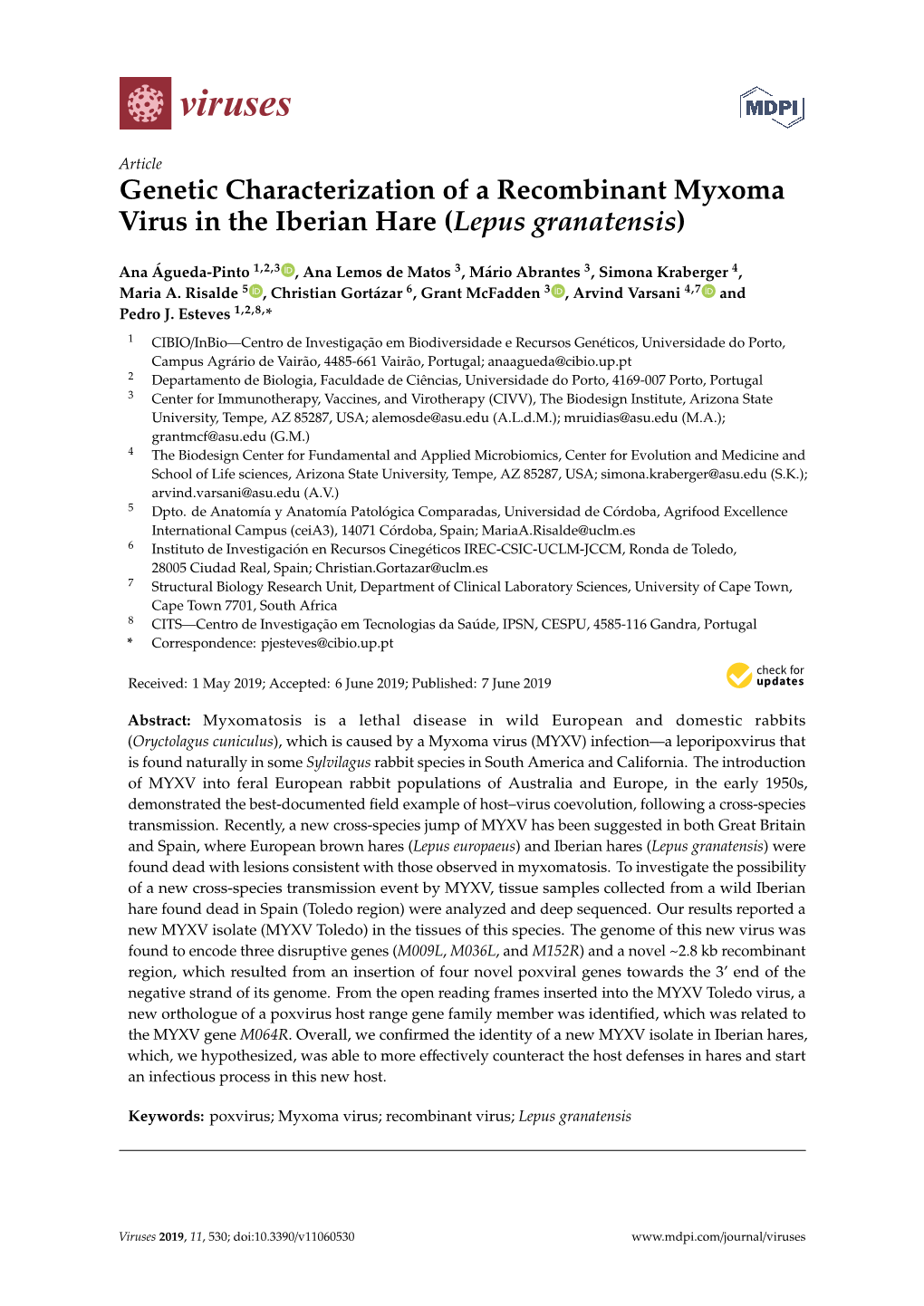 Genetic Characterization of a Recombinant Myxoma Virus in the Iberian Hare (Lepus Granatensis)