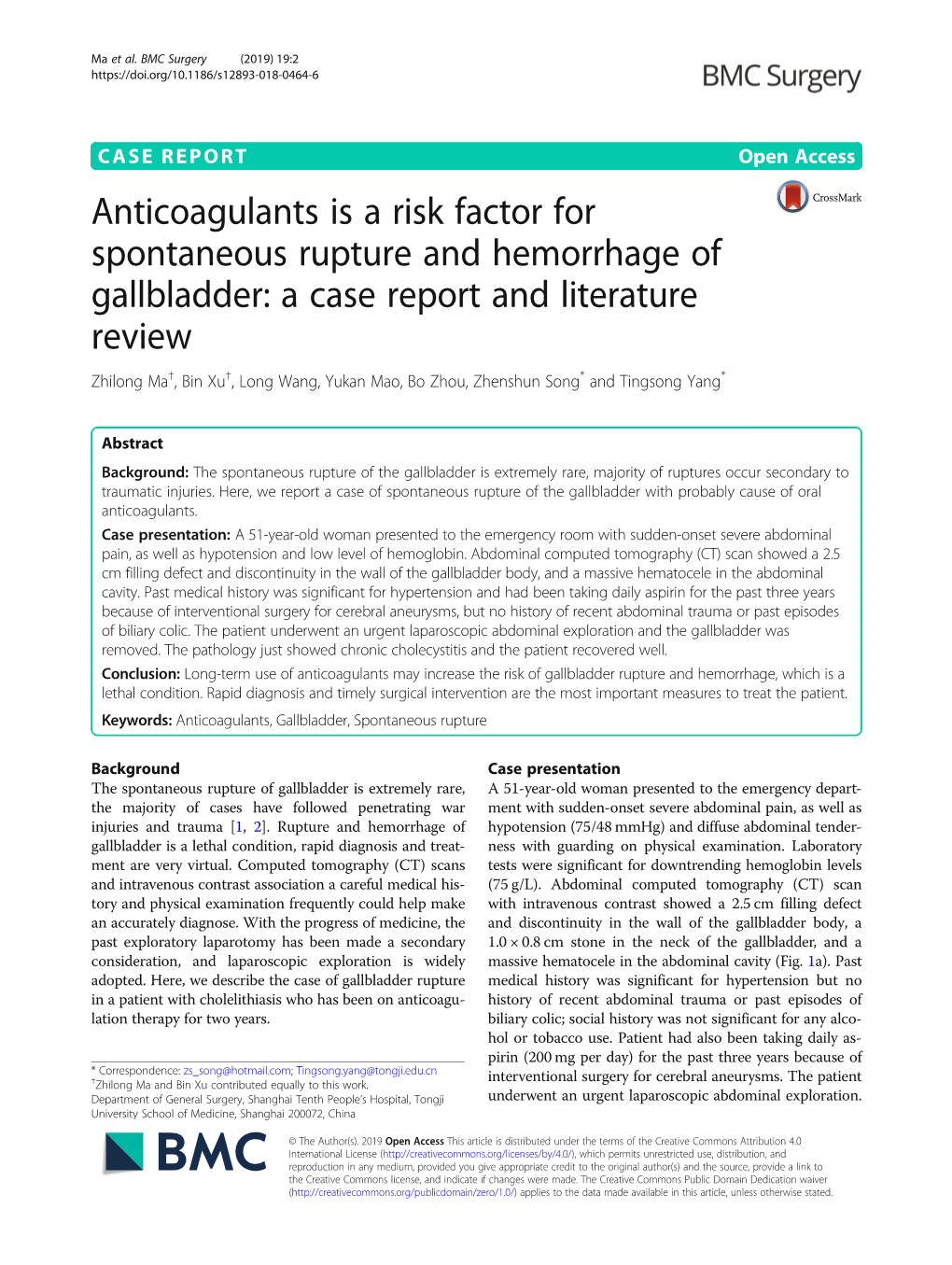 Anticoagulants Is a Risk Factor for Spontaneous Rupture and Hemorrhage of Gallbladder: a Case Report and Literature Review