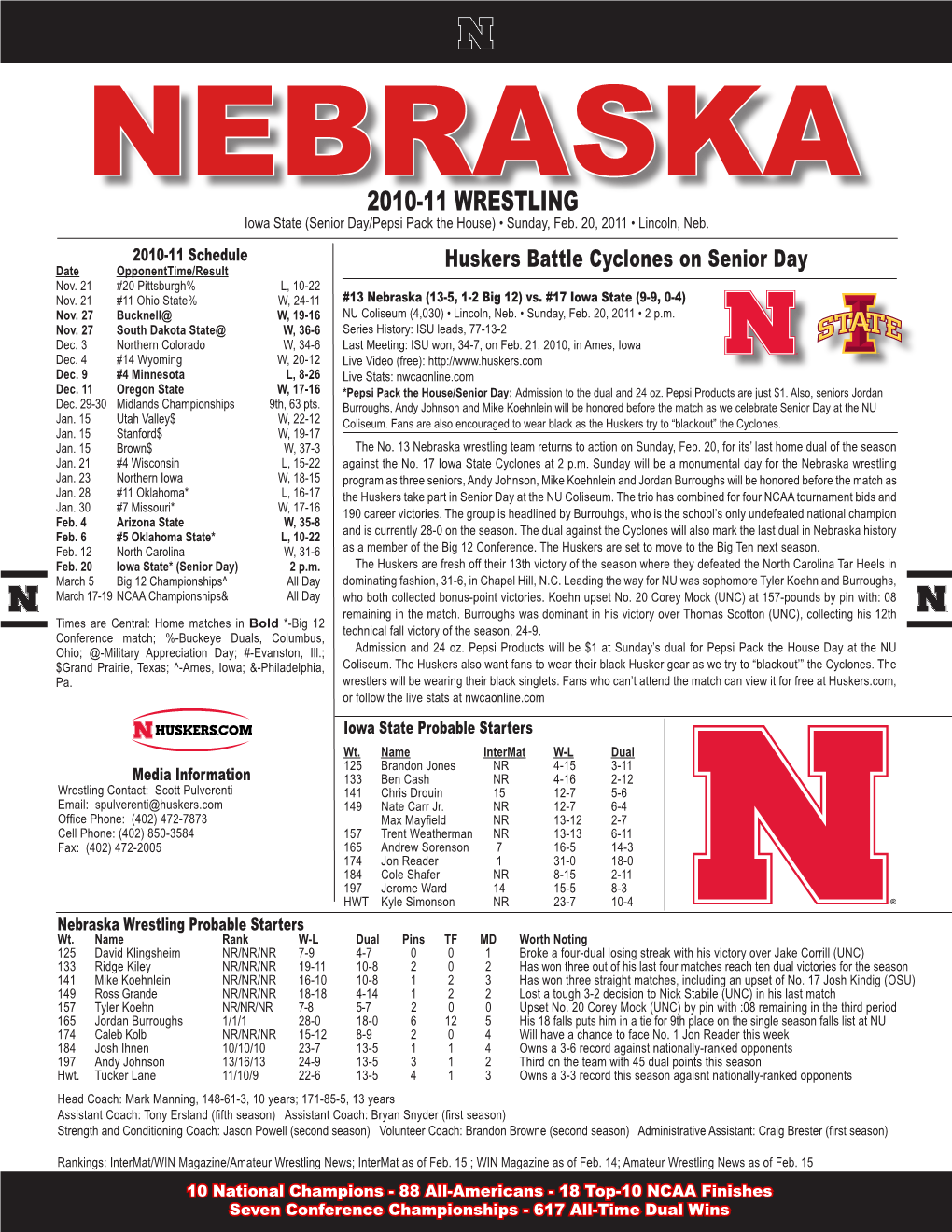 2010-11 WRESTLING Iowa State (Senior Day/Pepsi Pack the House) • Sunday, Feb