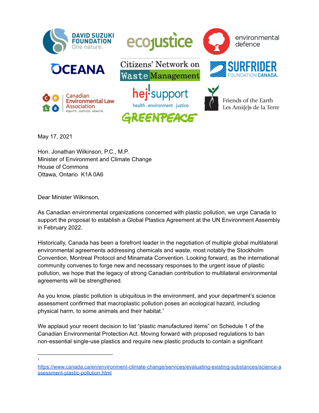 Plastics Treaty ENGO Support Letter