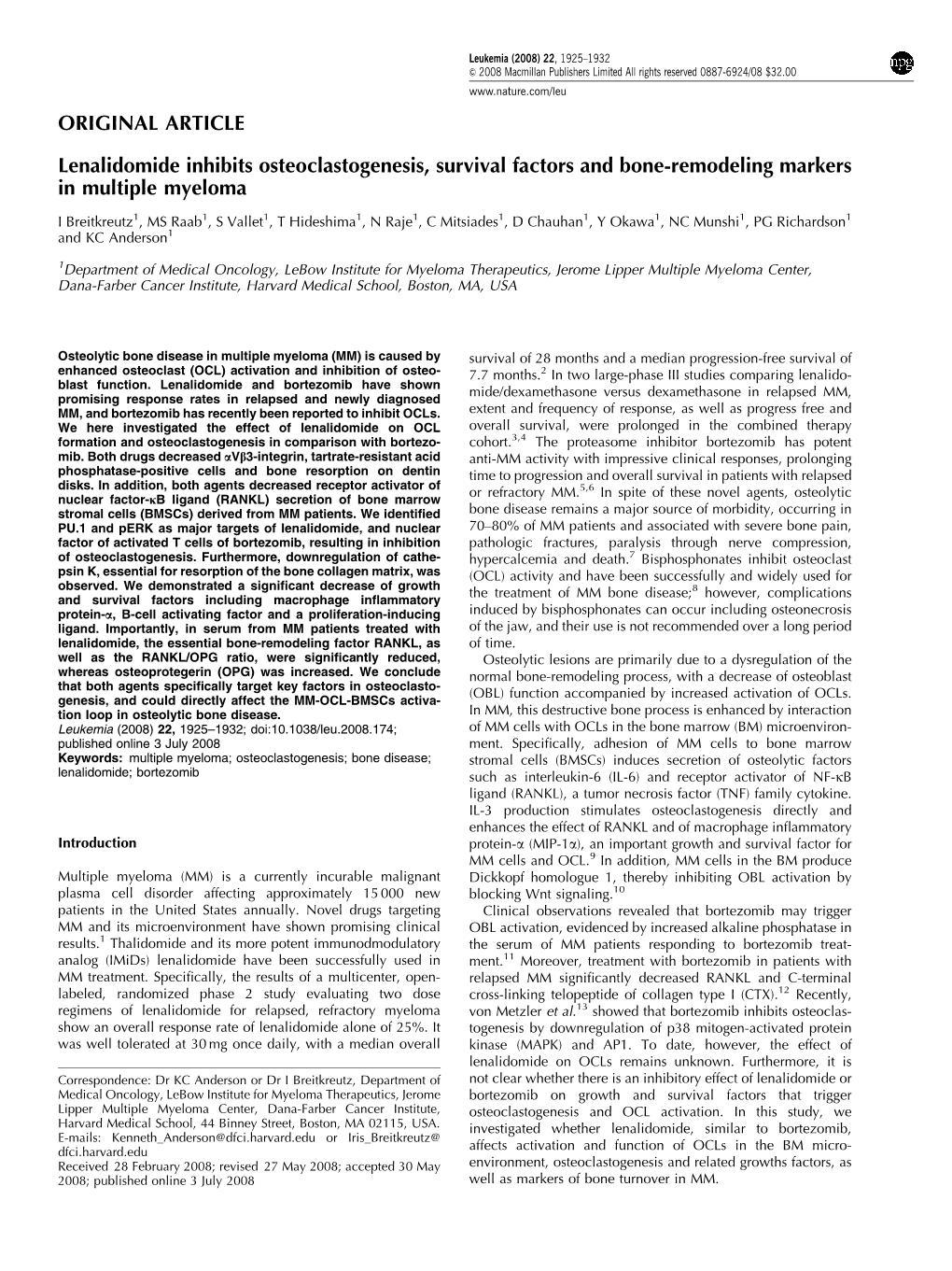 Lenalidomide Inhibits Osteoclastogenesis, Survival Factors and Bone-Remodeling Markers in Multiple Myeloma