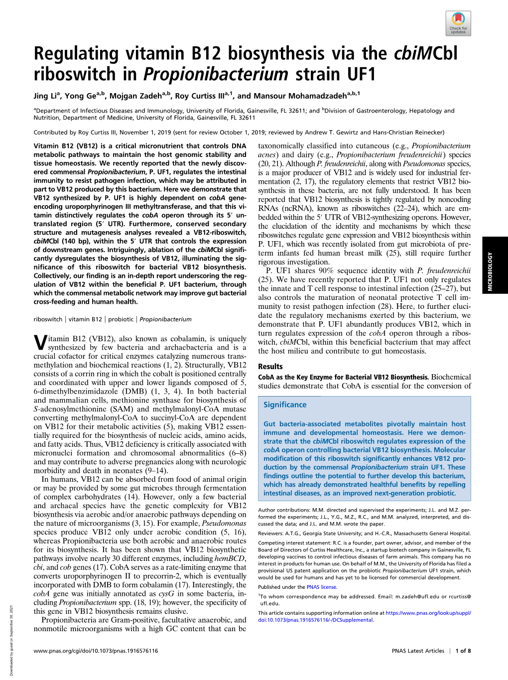 Regulating Vitamin B12 Biosynthesis Via the Cbimcbl Riboswitch in Propionibacterium Strain UF1