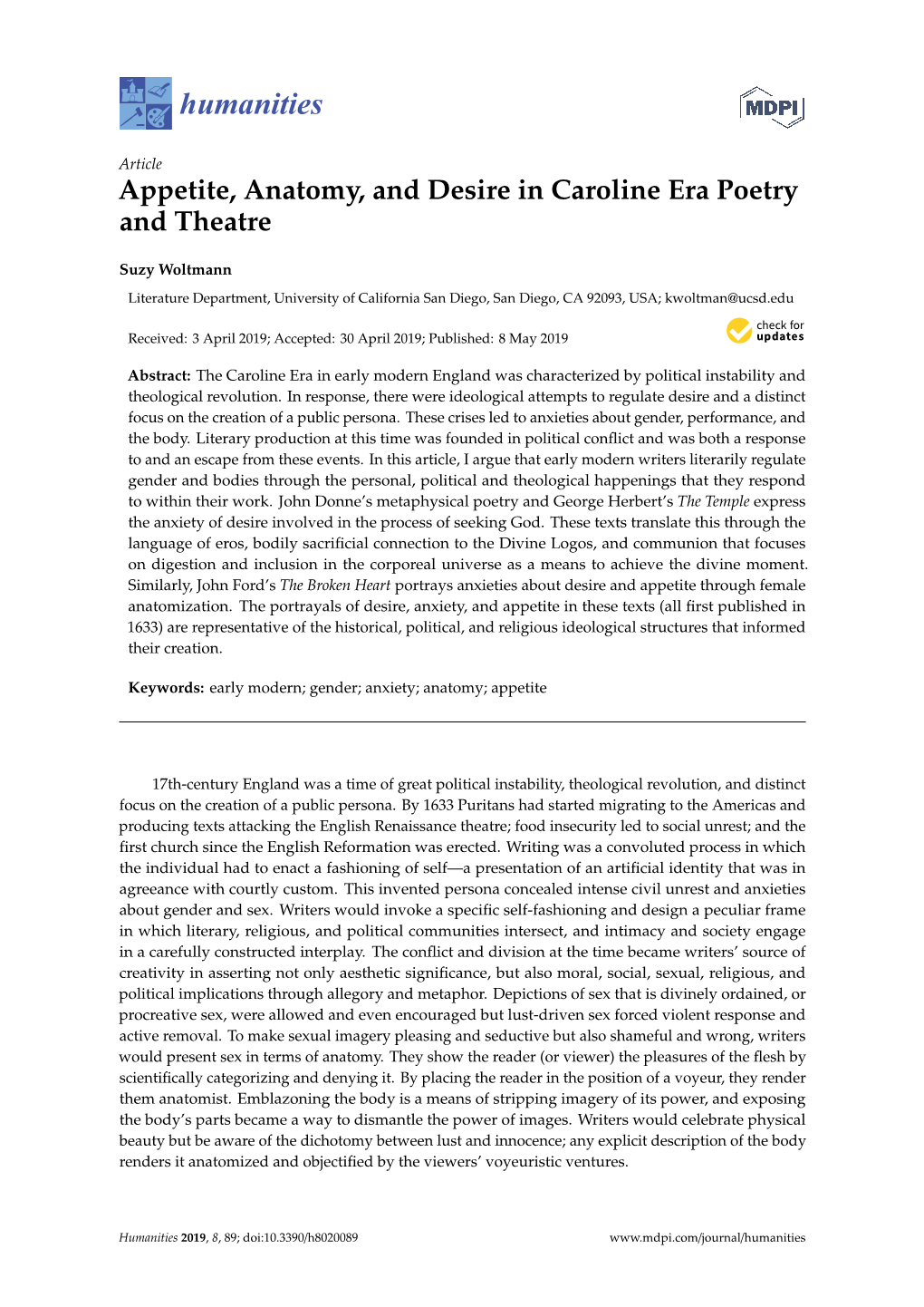 Appetite, Anatomy, and Desire in Caroline Era Poetry and Theatre