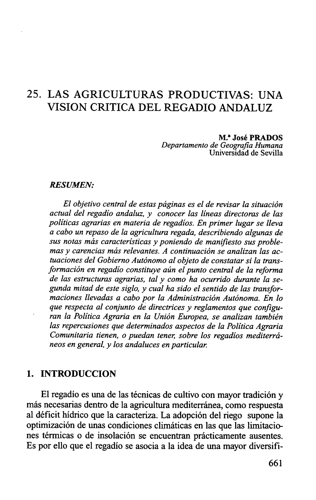 25. Las Agriculturas Productivas: Una Visión Crítica Del Regadío Andaluz