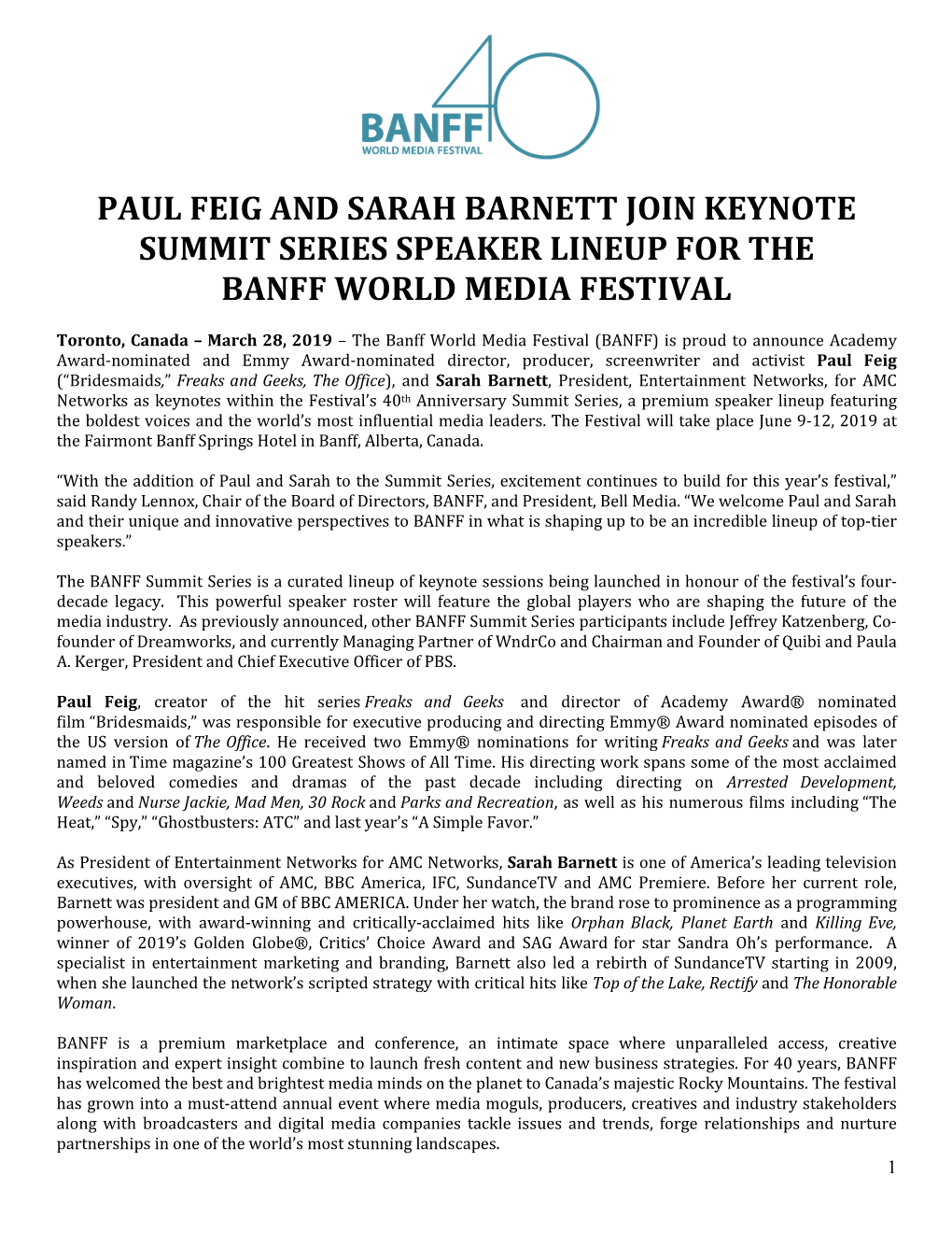 Paul Feig and Sarah Barnett Join Keynote Summit Series Speaker Lineup for the Banff World Media Festival